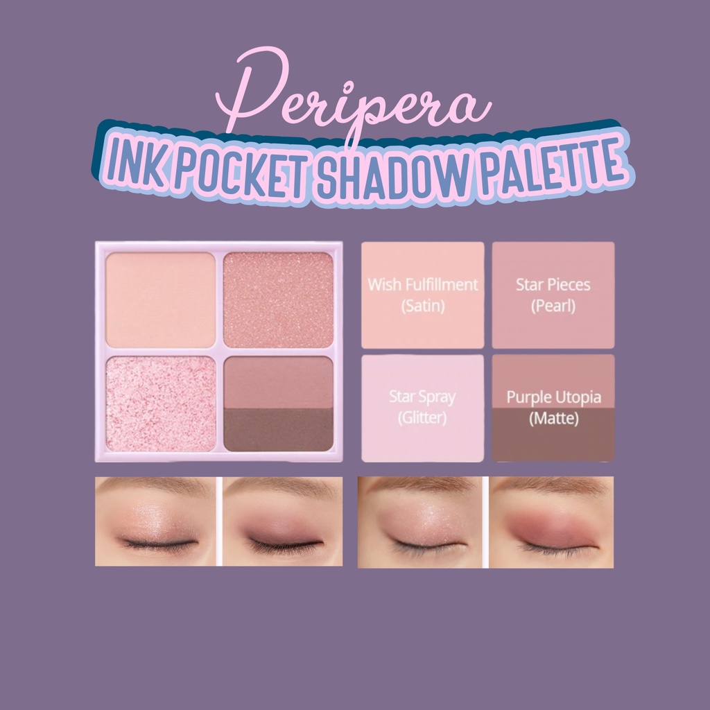 Với thiết kế thông minh và khả năng phối màu linh hoạt; 4 màu của Peripera Ink Pocket Shadow Palette có thể kết hợp hài hòa với nhau; cho bạn đôi mắt lung linh huyền ảo.